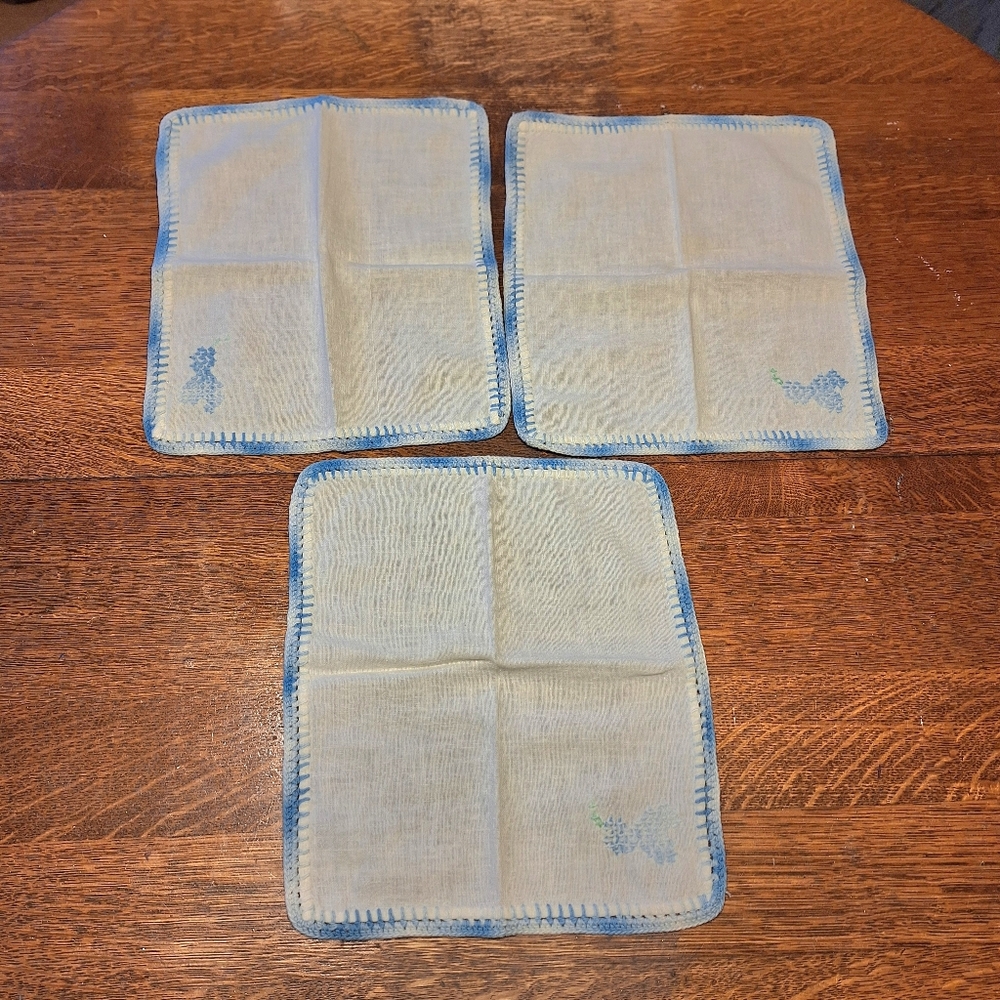 Handmade Vintage Off-White Napkin Set of 3 With Embroidered Edges & Design